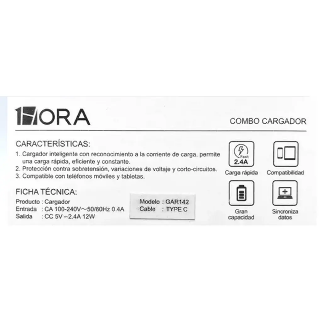 1Hora Combo Cargador y Cable Tipo C 12W GAR142's photo #3